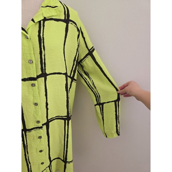 John Mark Abstract Neon Green Black Collared Roll Tab Tunic Blouse Top Shirt XL - Picture 4 of 12